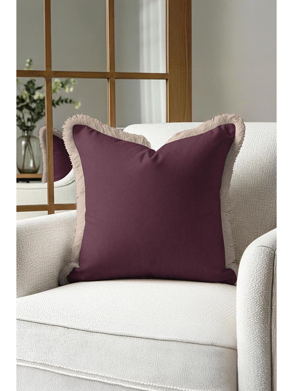 Karışık Zarif Lüks Mor Saçaklı Yastık Kılıfı - Modern Bordo Krem Püsküllü Kırlent Kılıfı-1