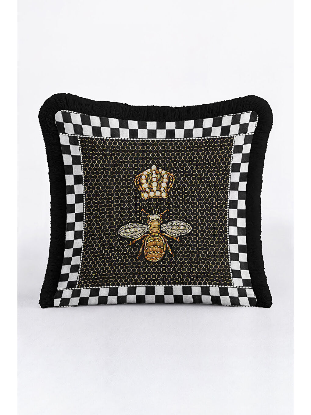 Karışık Lüks Arı Nakışlı Saçaklı Yastık Kılıfı - Kraliyet Taç Motifli Siyah Gold Püsküllü Kırlent Kılıfı-4