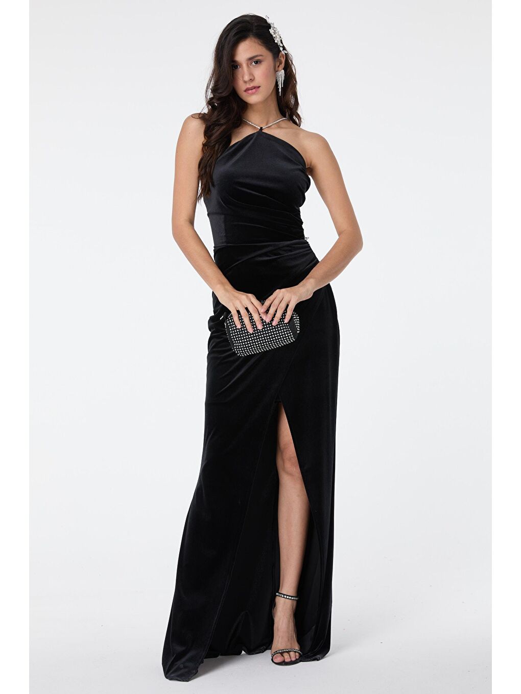 Düz Orta Kadın Siyah Abiye Elbise - 23559-2