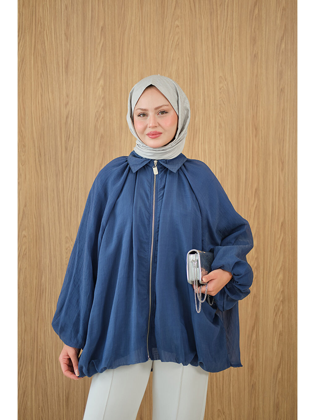 Kadın Astarlı Balon Kol Ceket İndigo Mavi-3