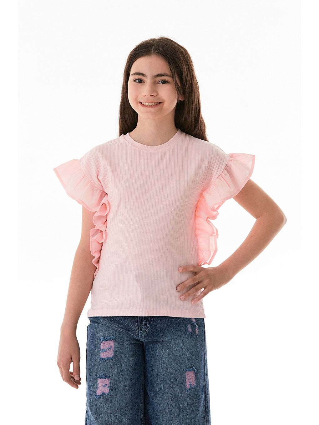 Pembe Fitilli Yanları Volanlı Kız Çocuk Bluz