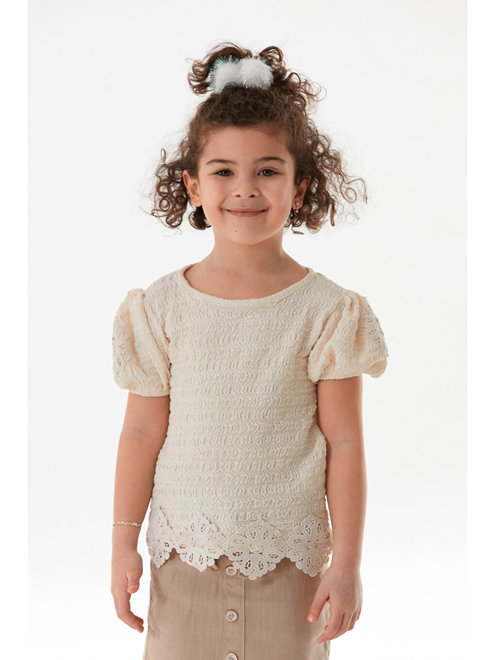 Ekru Beli Güpürlü Balon Kol Kız Çocuk Bluz-3