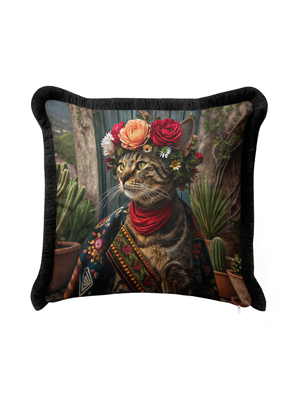 Karışık Bohem Çiçekli Saçaklı Yastık Kılıfı - Sanatsal Retro Çizgili Siyah Püsküllü Kırlent Kılıfı-4