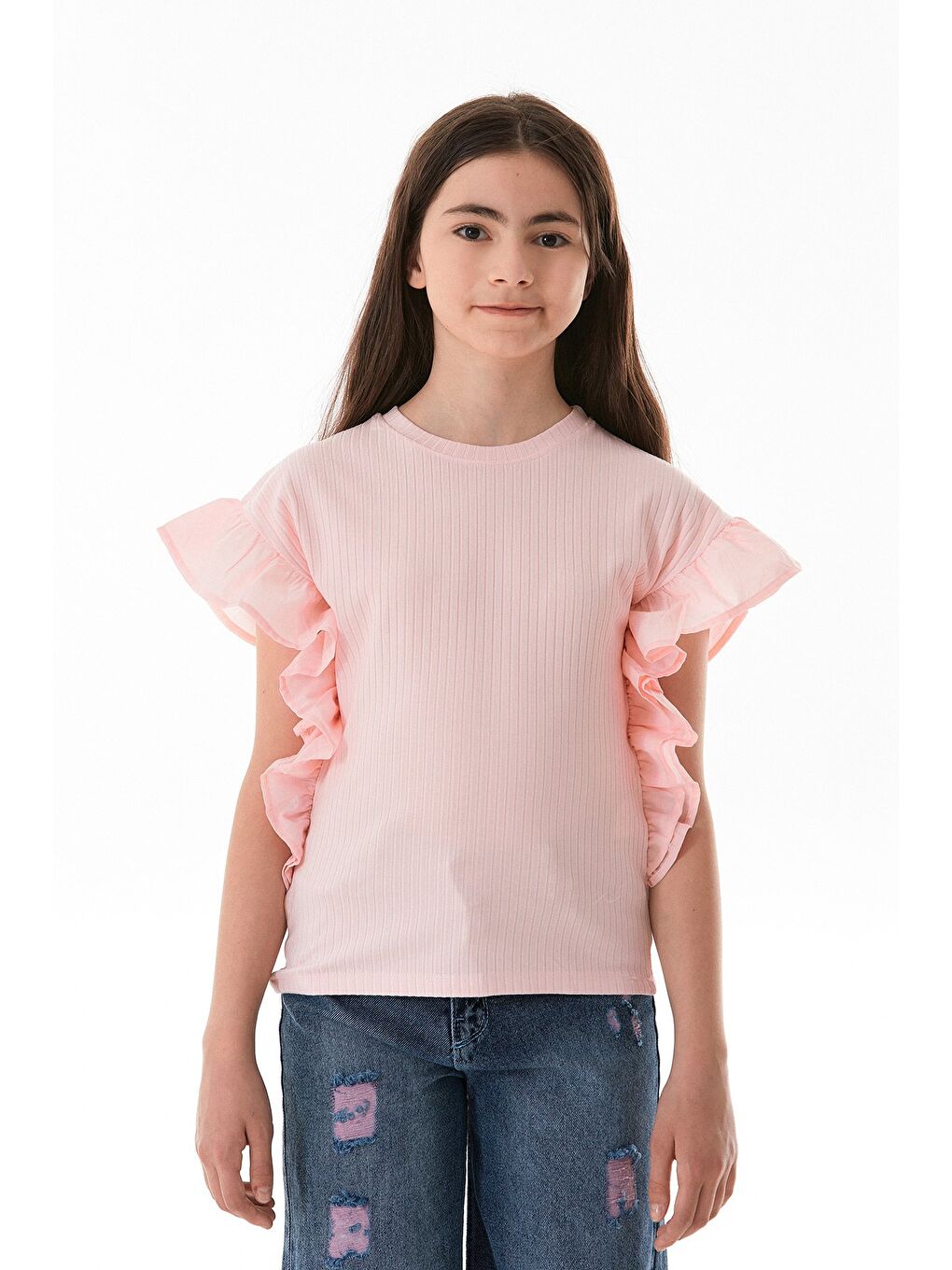 Pembe Fitilli Yanları Volanlı Kız Çocuk Bluz-1