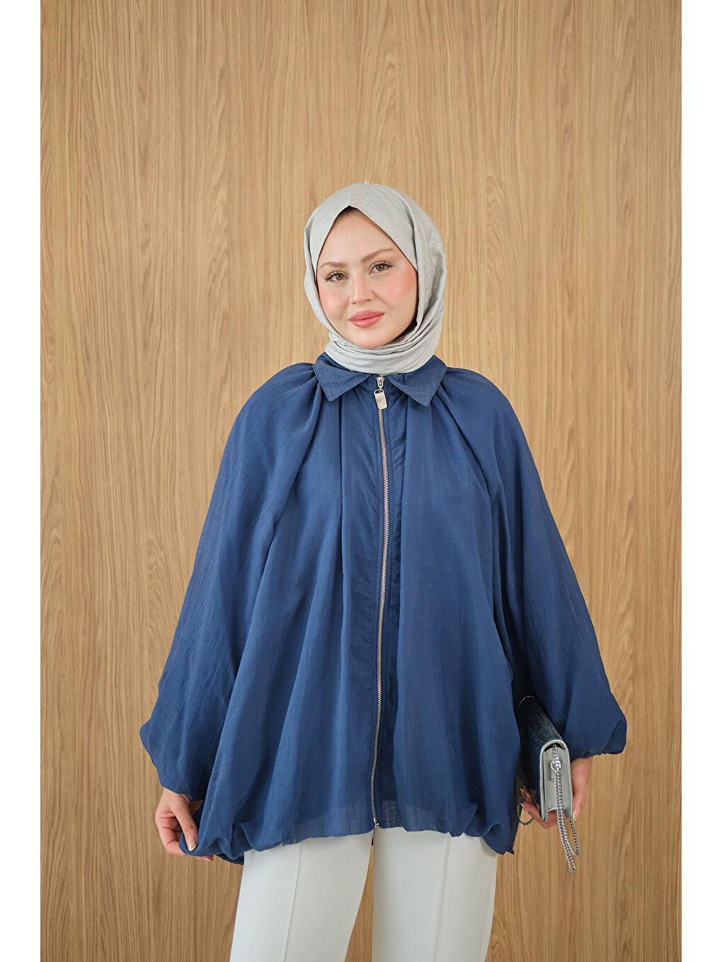 Kadın Astarlı Balon Kol Ceket İndigo Mavi-4