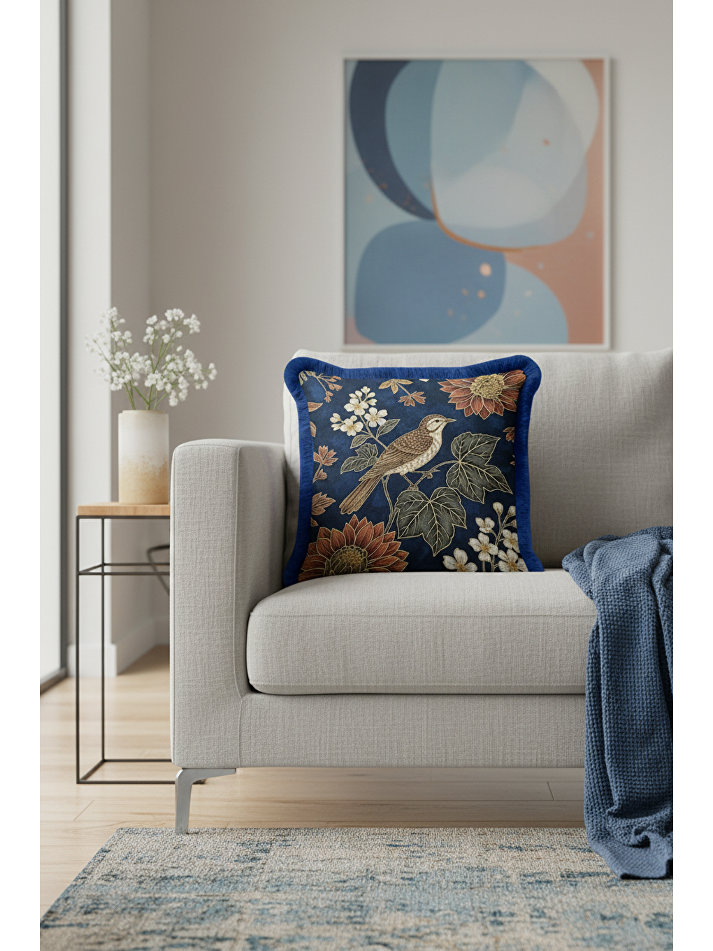 Karışık Lüks Kuş Çiçek Motifli Saçaklı Yastık Kılıfı - Vintage Rustik Lacivert Gold Püsküllü Kırlent Kılıfı-3