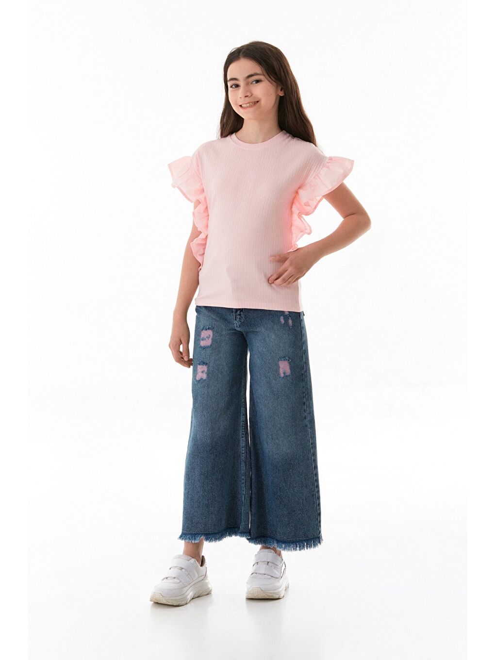 Pembe Fitilli Yanları Volanlı Kız Çocuk Bluz-2