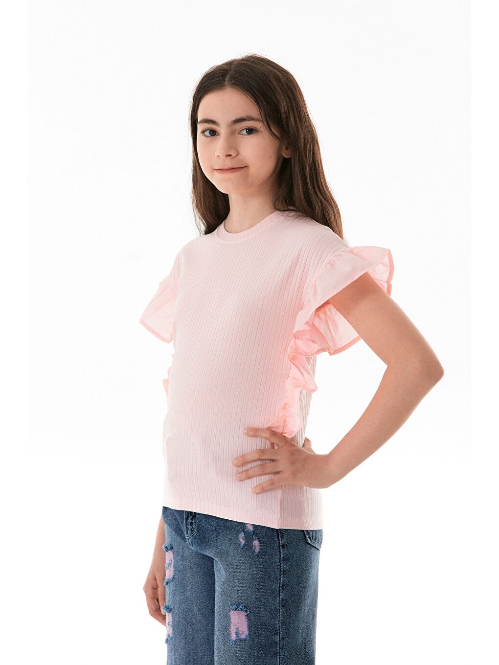 Pembe Fitilli Yanları Volanlı Kız Çocuk Bluz-3