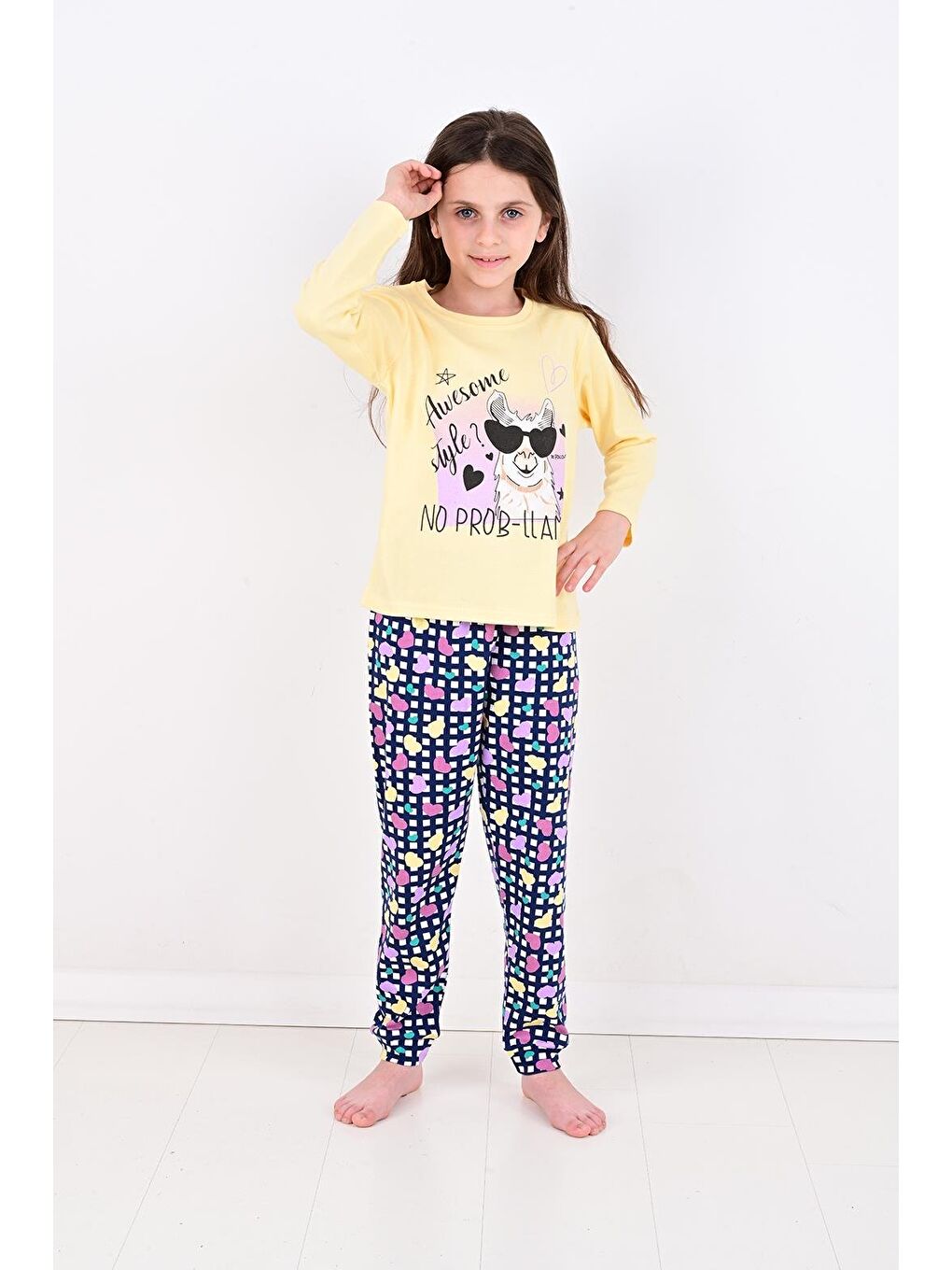 Sarı Uzun Kollu Kız Çocuk Pijama Takımı No Prob Lama