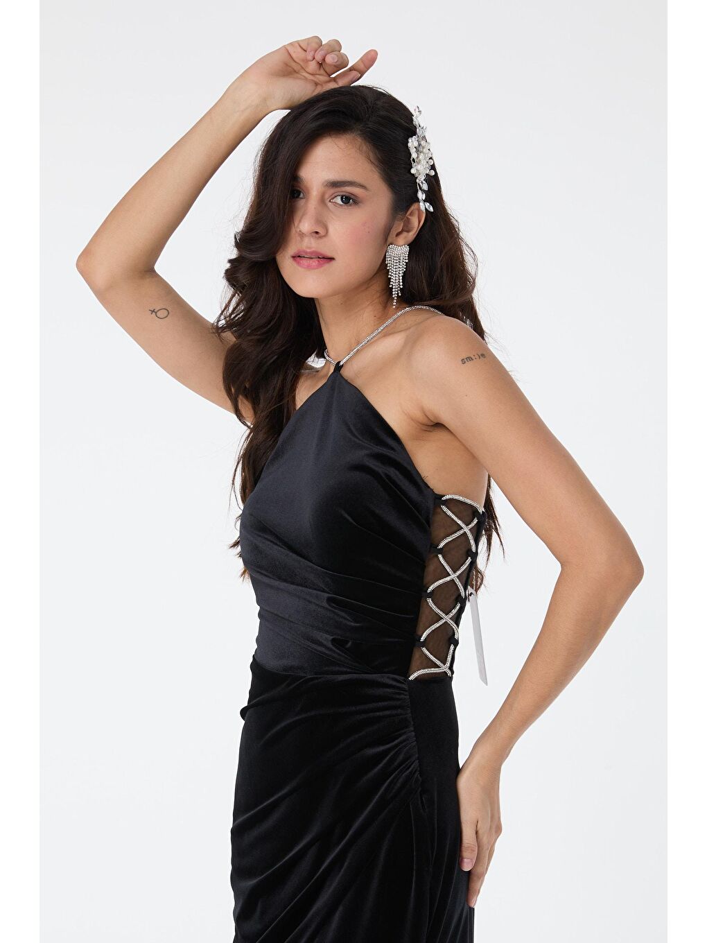 Düz Orta Kadın Siyah Abiye Elbise - 23559-3