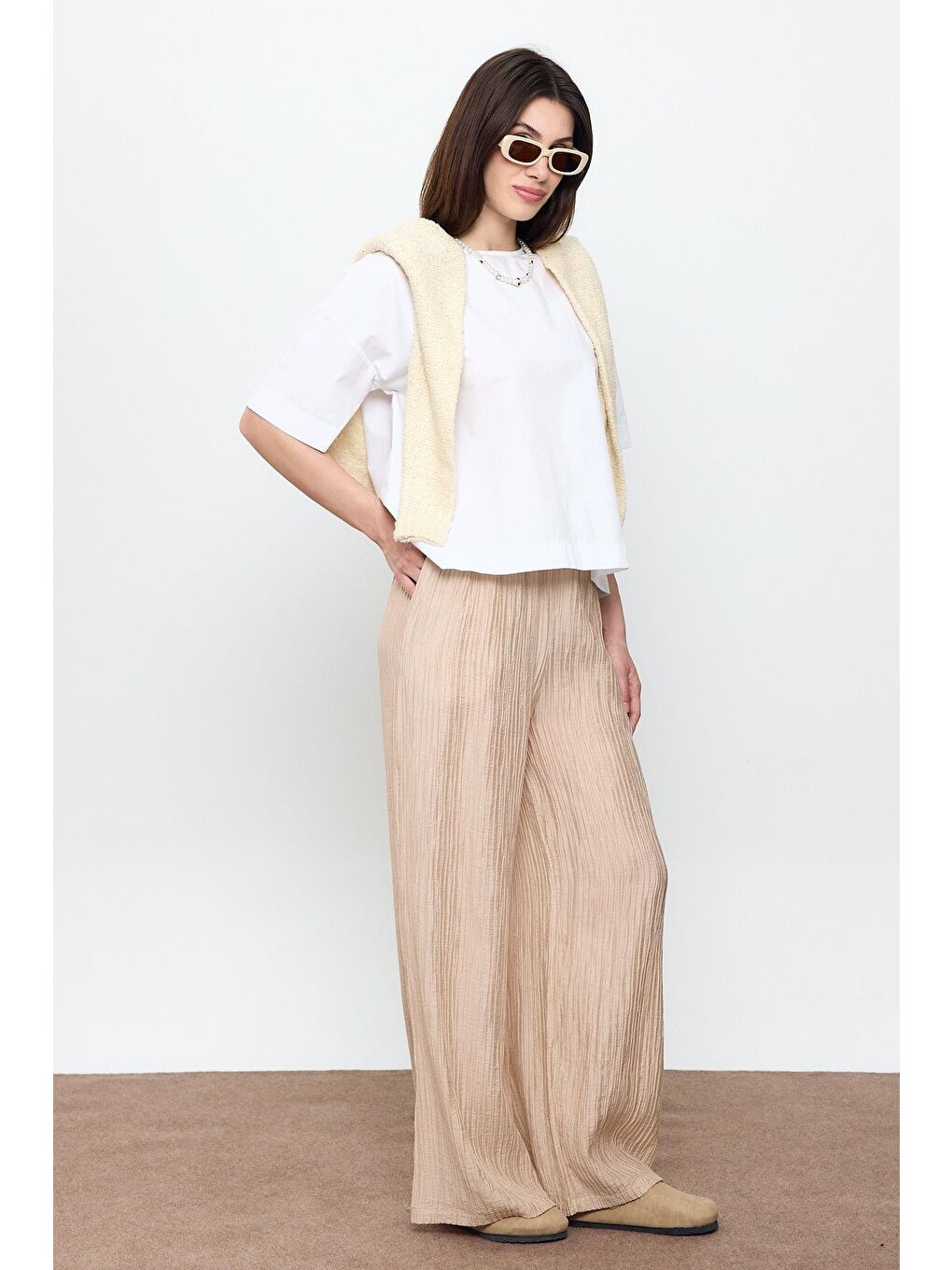 Bej Fitilli Beli Lastikli Palazzo Pantolon-1
