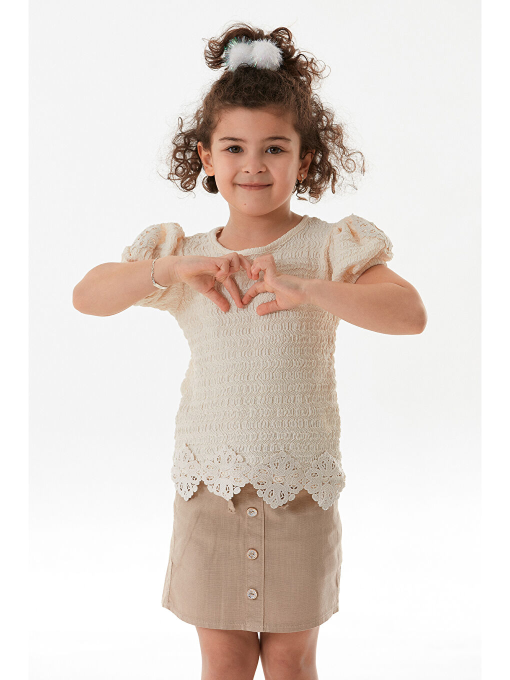 Ekru Beli Güpürlü Balon Kol Kız Çocuk Bluz-4