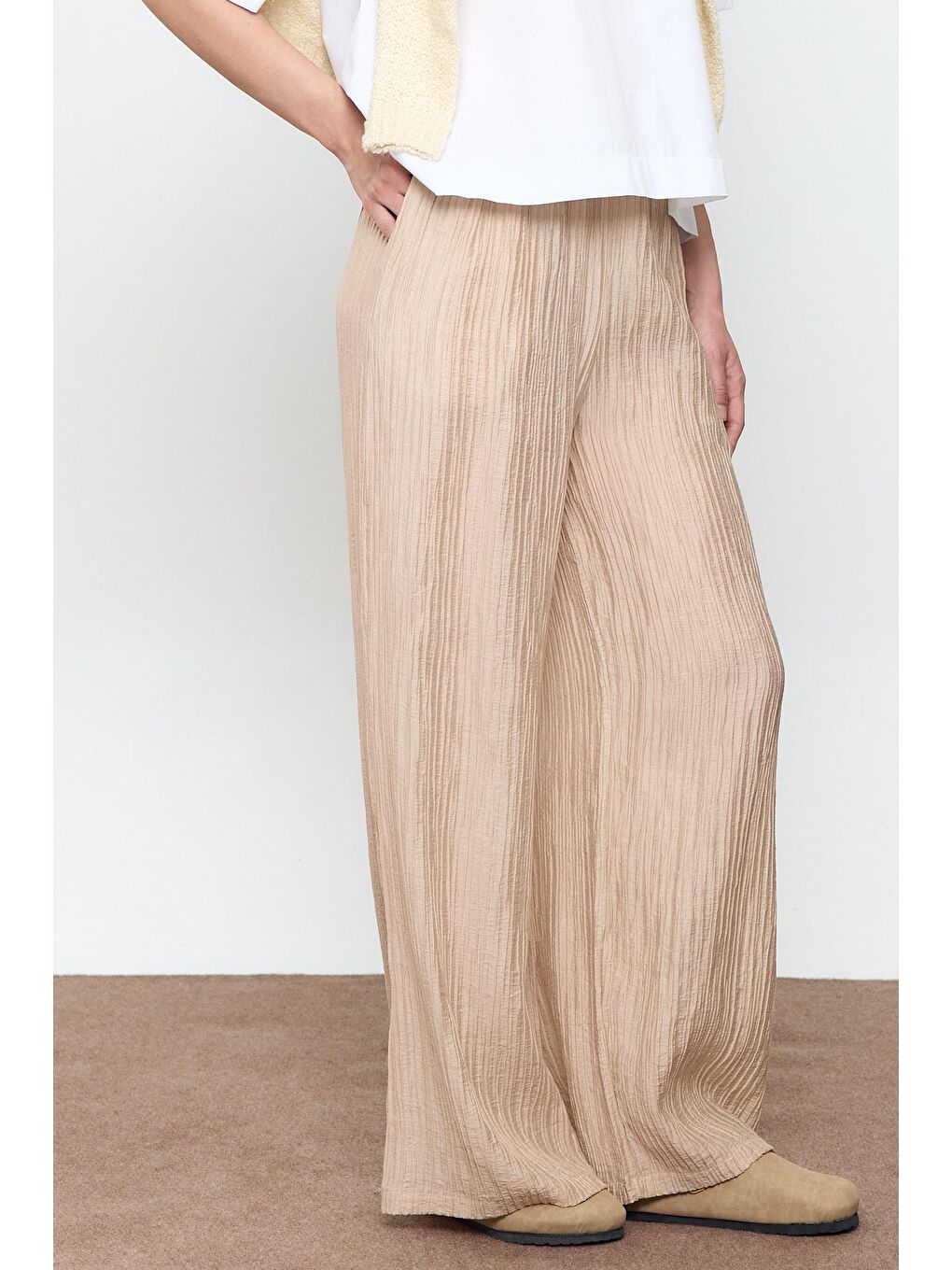 Bej Fitilli Beli Lastikli Palazzo Pantolon-3