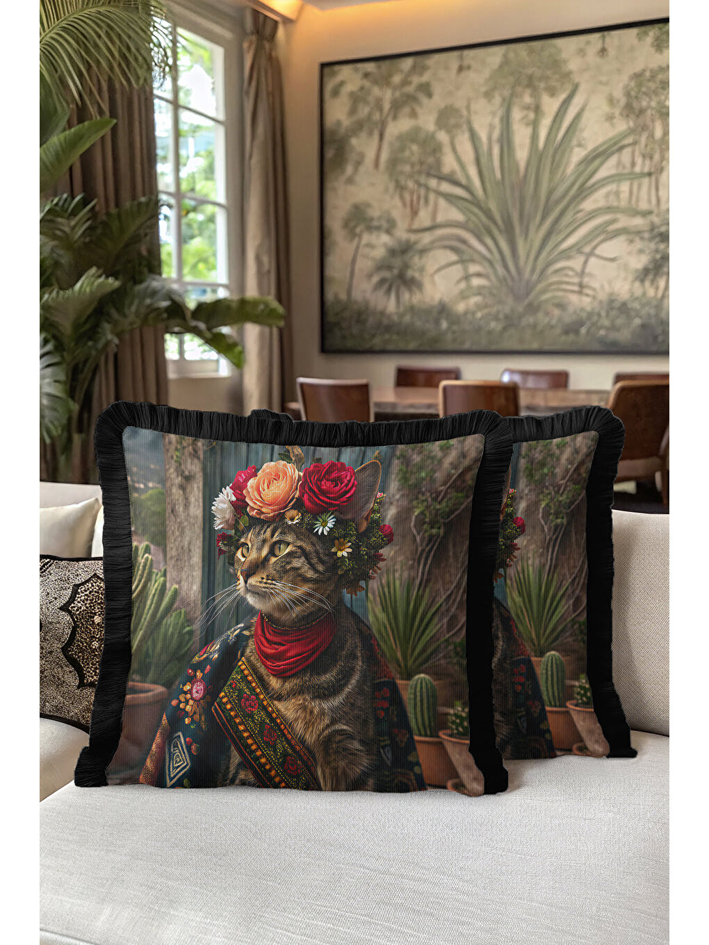 Karışık Bohem Çiçekli Saçaklı Yastık Kılıfı - Sanatsal Retro Çizgili Siyah Püsküllü Kırlent Kılıfı-5