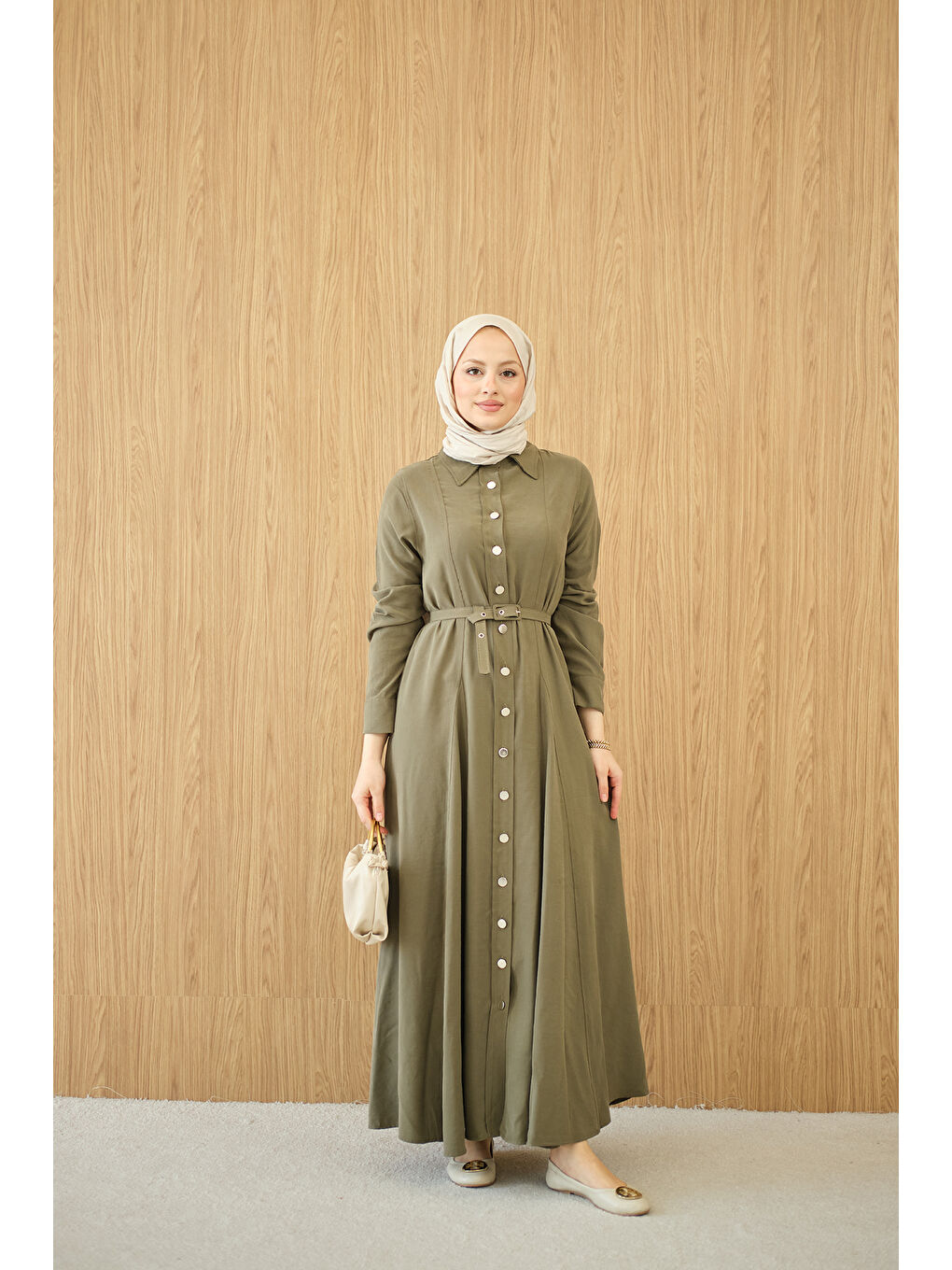 Kadın Boydan Düğmeli Kemerli Elbise Küf Yeşil