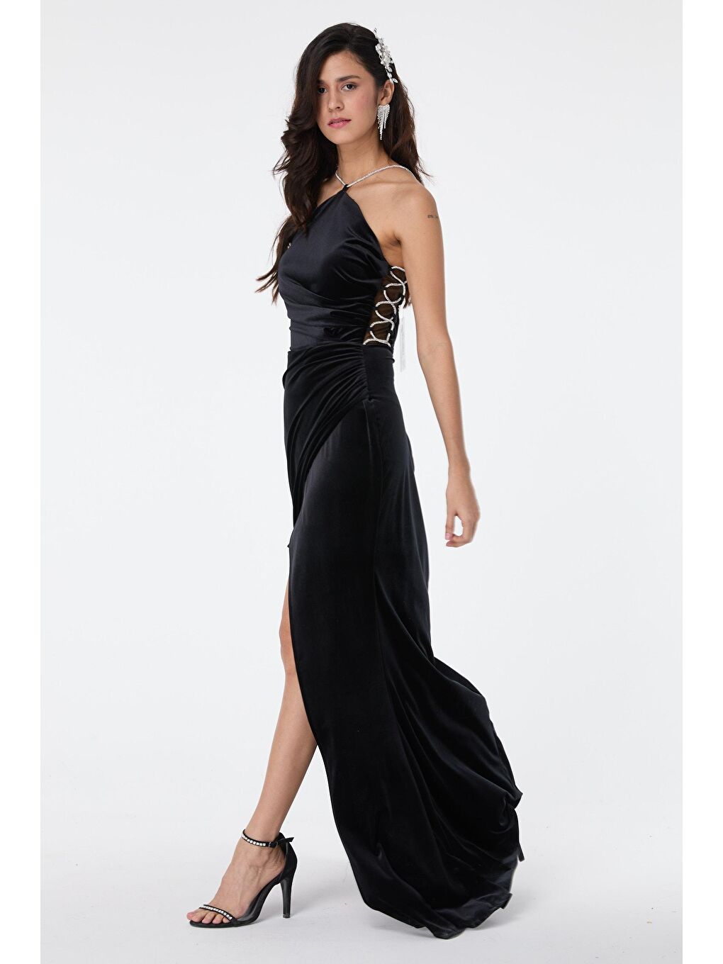 Düz Orta Kadın Siyah Abiye Elbise - 23559-4