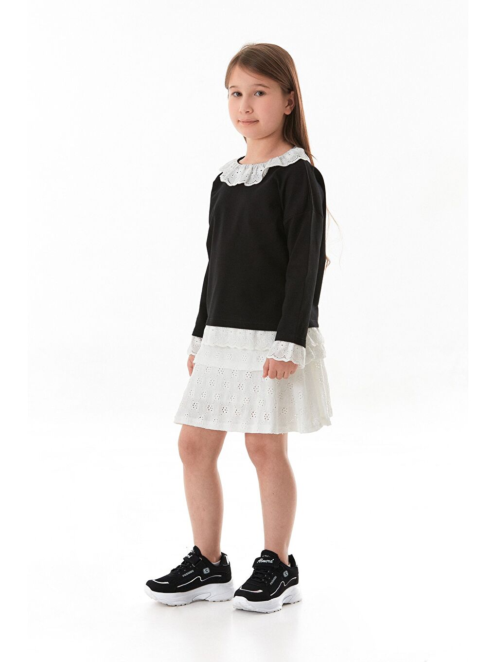 Siyah Kolu Ve Yakası Dantelli Bebe Yaka Kız Çocuk Bluz-1