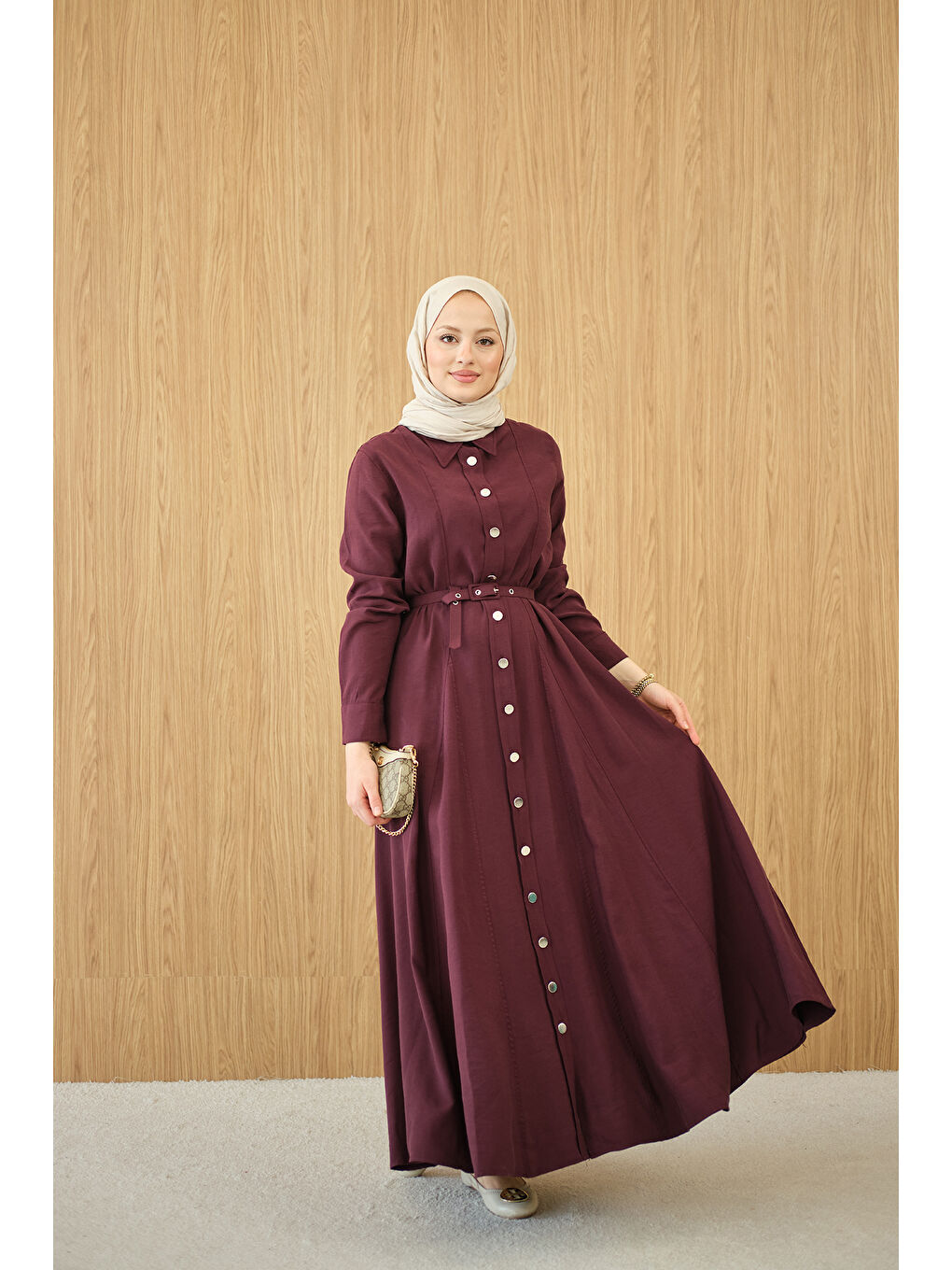 Kadın Boydan Düğmeli Kemerli Elbise Bordo-1
