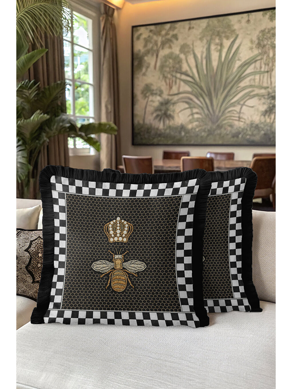 Karışık Lüks Arı Nakışlı Saçaklı Yastık Kılıfı - Kraliyet Taç Motifli Siyah Gold Püsküllü Kırlent Kılıfı-5
