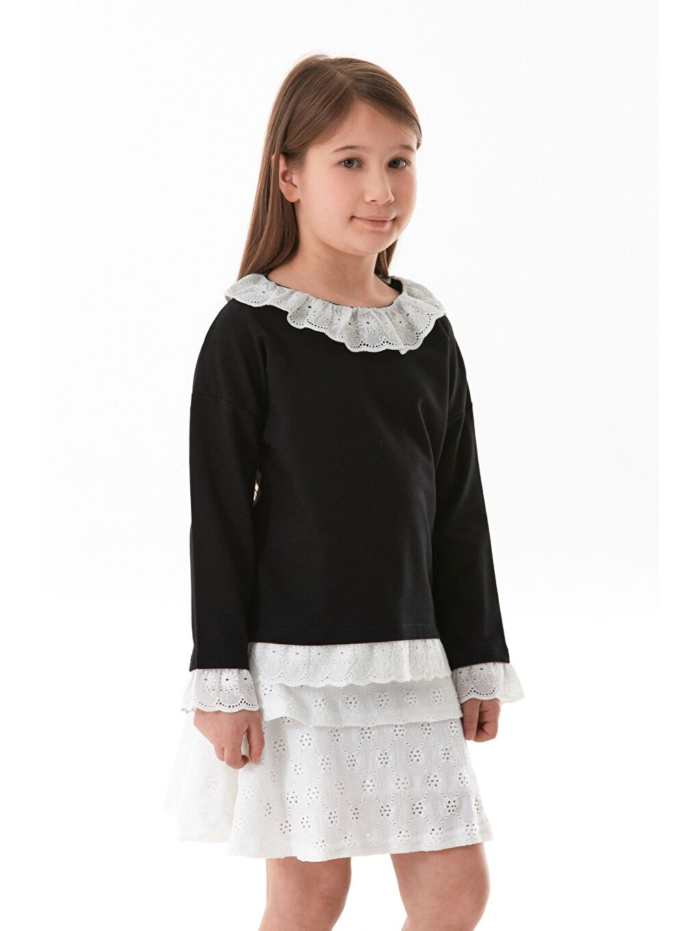 Siyah Kolu Ve Yakası Dantelli Bebe Yaka Kız Çocuk Bluz-2