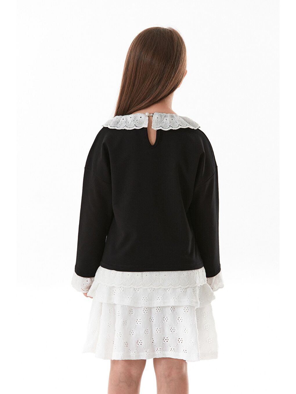Siyah Kolu Ve Yakası Dantelli Bebe Yaka Kız Çocuk Bluz-3
