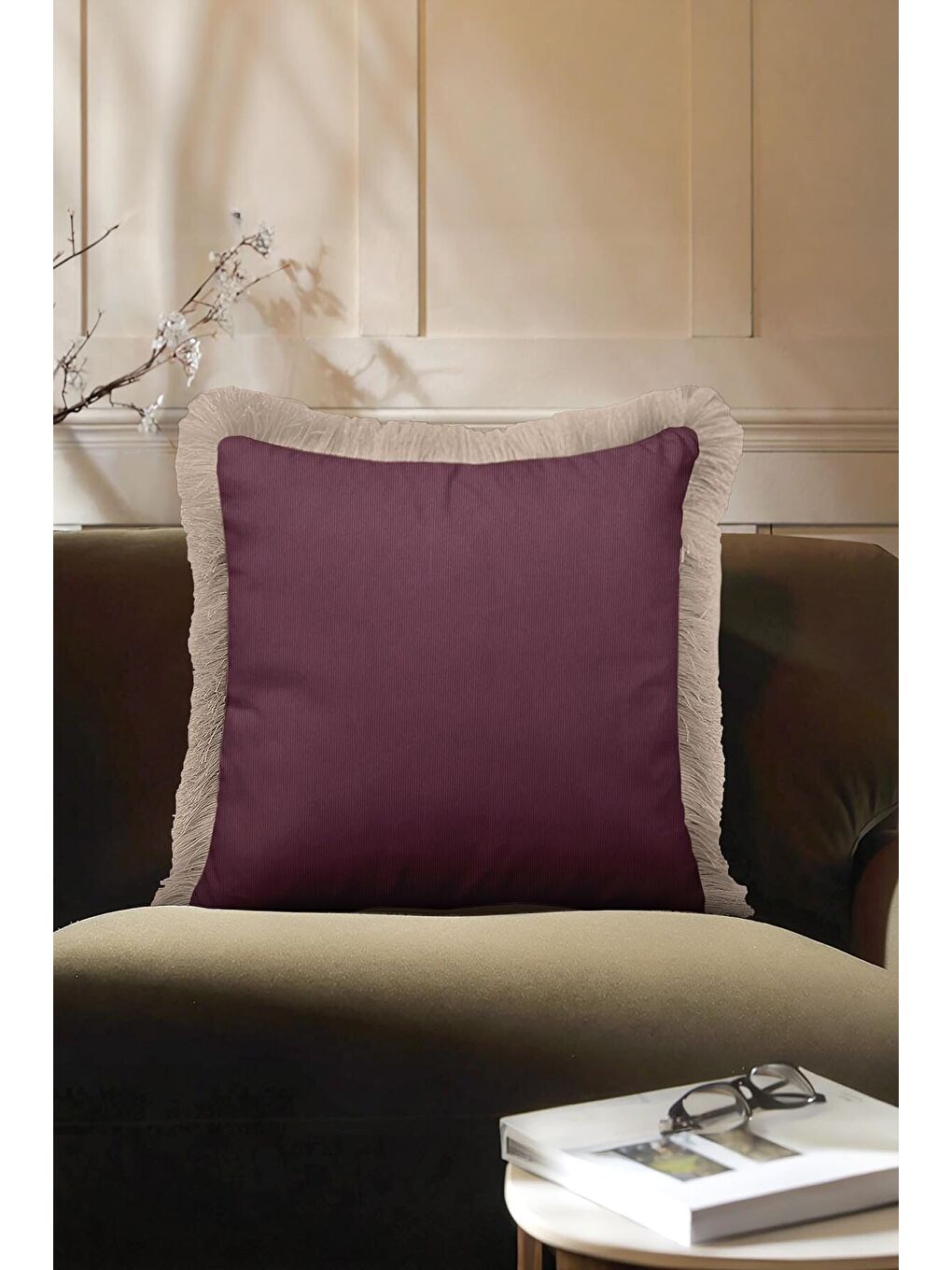 Karışık Zarif Lüks Mor Saçaklı Yastık Kılıfı - Modern Bordo Krem Püsküllü Kırlent Kılıfı-3