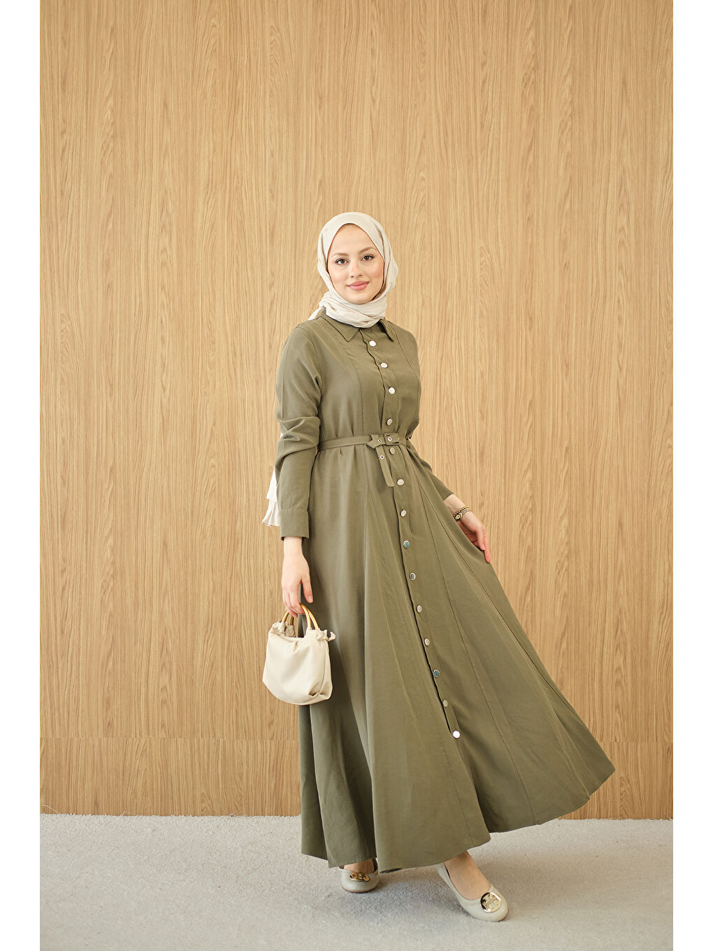 Kadın Boydan Düğmeli Kemerli Elbise Küf Yeşil-1