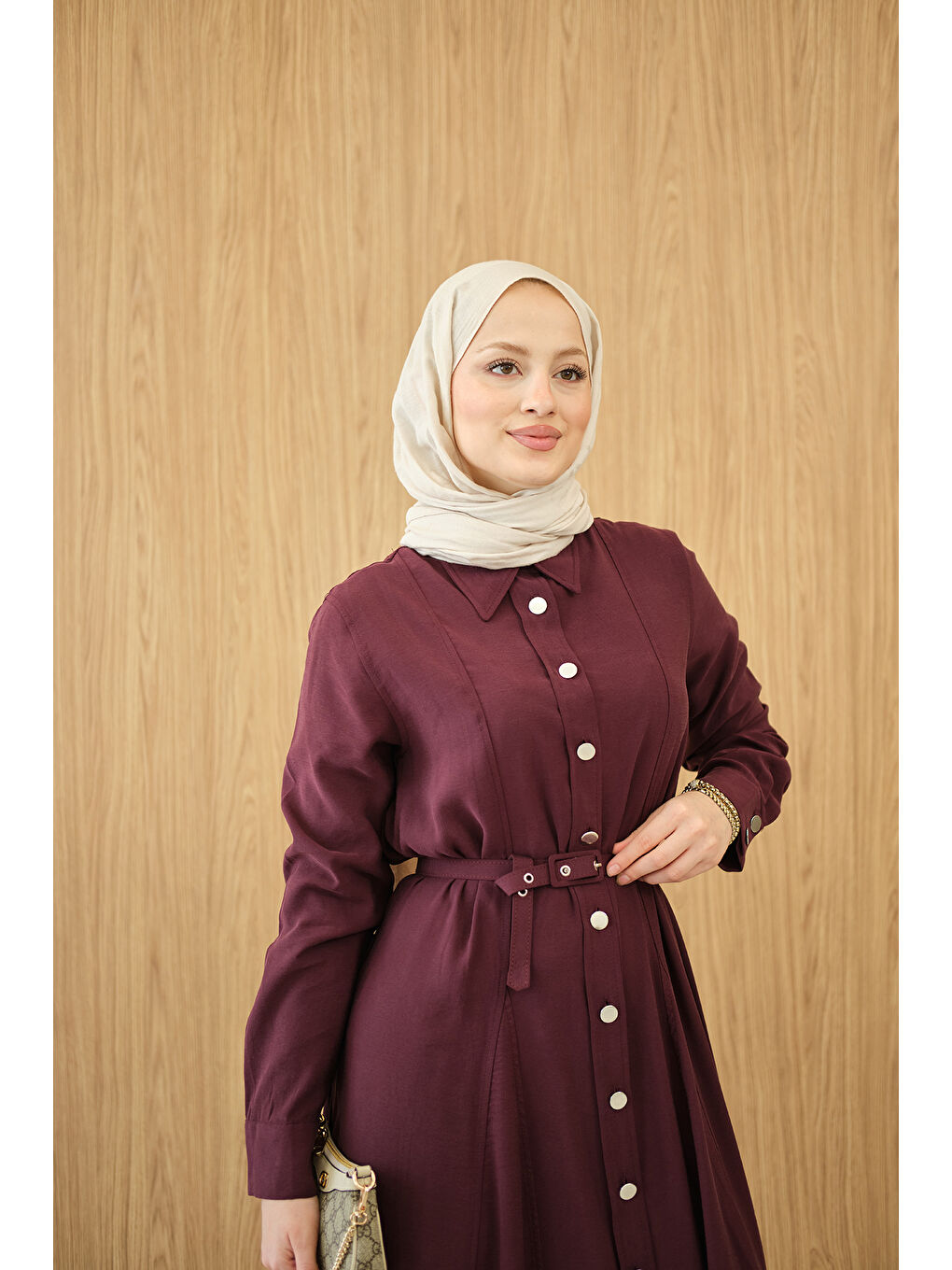 Kadın Boydan Düğmeli Kemerli Elbise Bordo-2