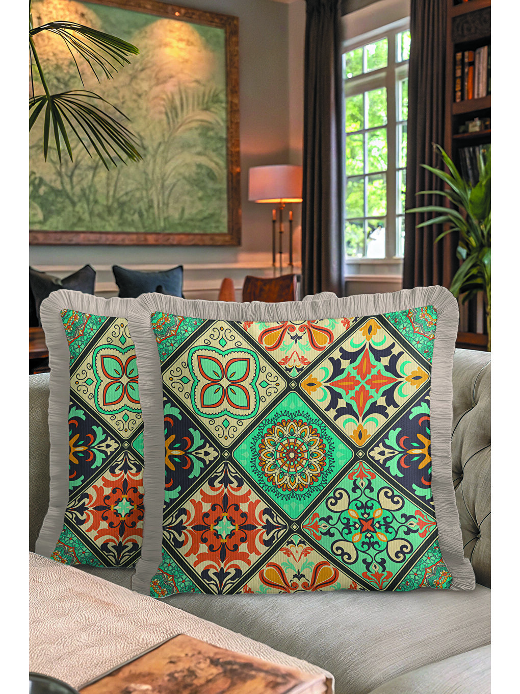 Karışık Avangart Mozaik Saçaklı Yastık Kılıfı - Vintage Etnik Mint Turuncu Gri Püsküllü Kırlent Kılıfı-7