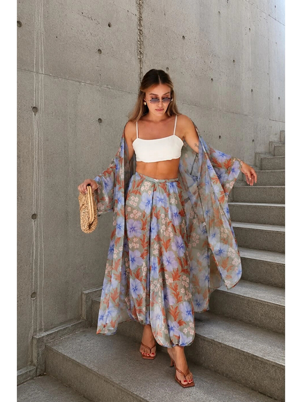 Lila Kadın Çiçek Desenli Kimono Takım 1017-4145