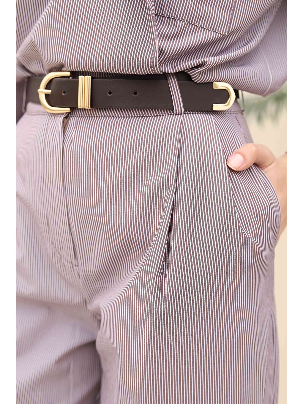 Kahverengi Çizgili Geniş Paça Pantolon Kahve-2