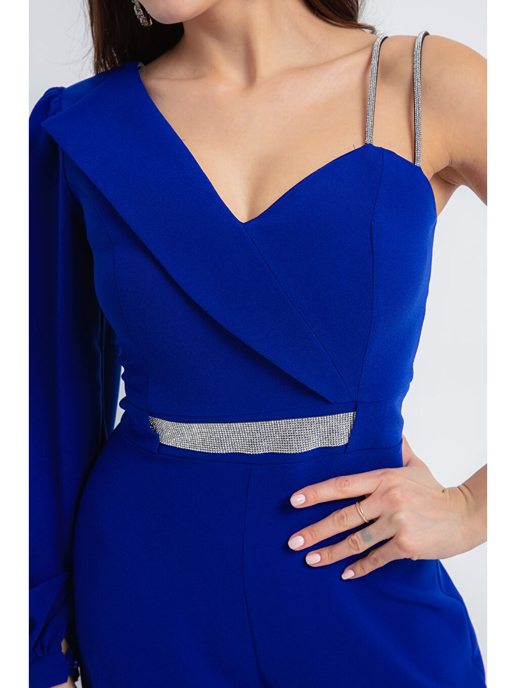 Mavi Kadın Saks Tek Omuz Taşlı Abiye Tulum-2