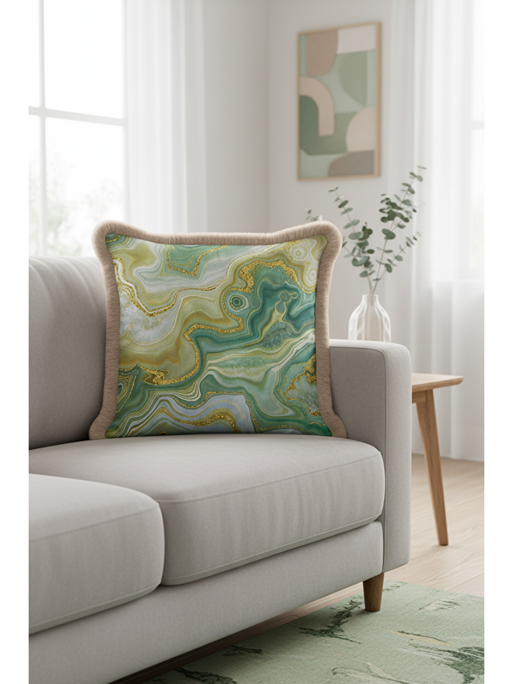 Karışık Zümrüt Mermer Doku Saçaklı Yastık Kılıfı - Lüks Bohem Akua Yeşil Altın Renk Püsküllü Kırlent Kılıfı-3
