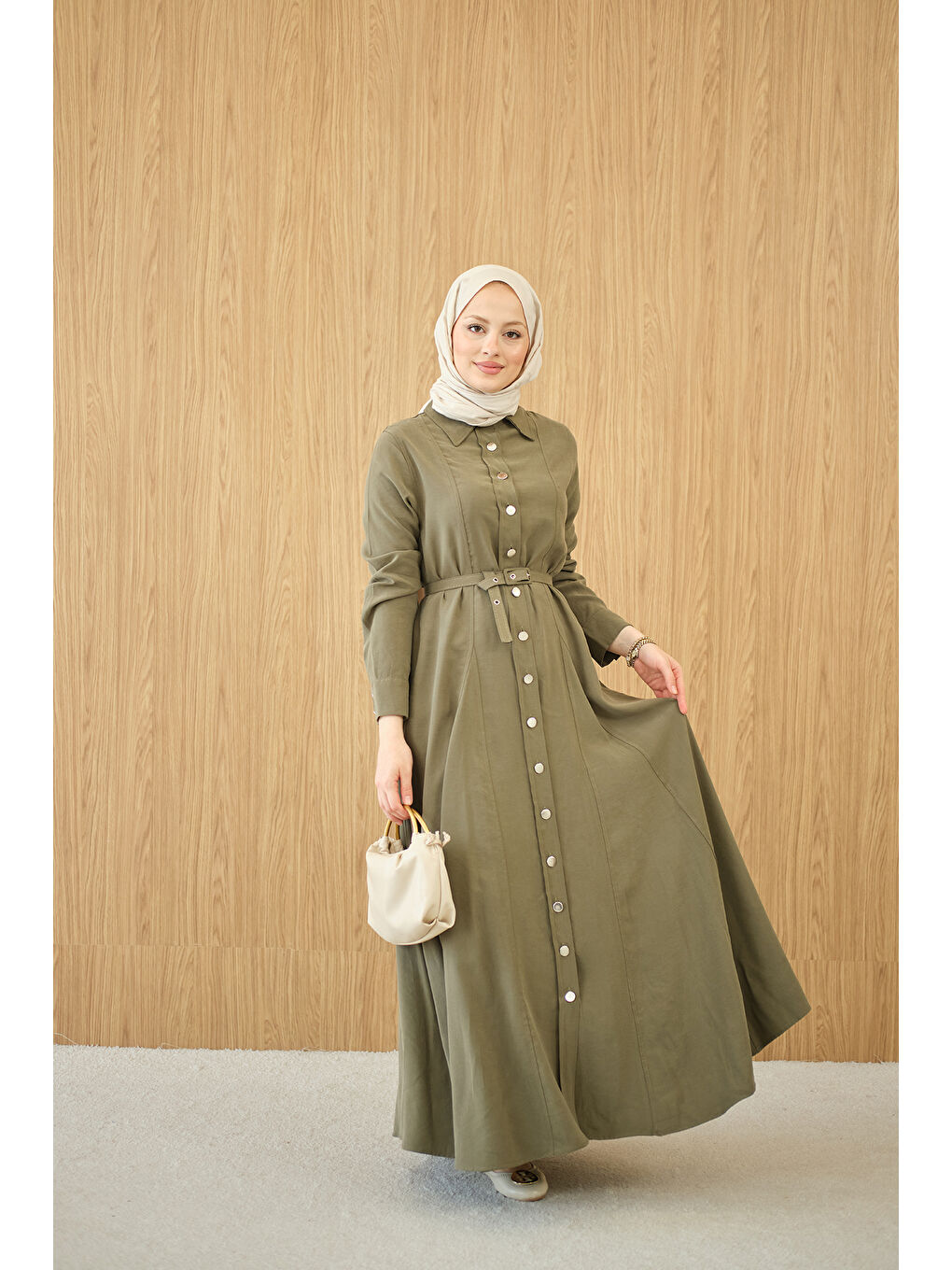 Kadın Boydan Düğmeli Kemerli Elbise Küf Yeşil-2