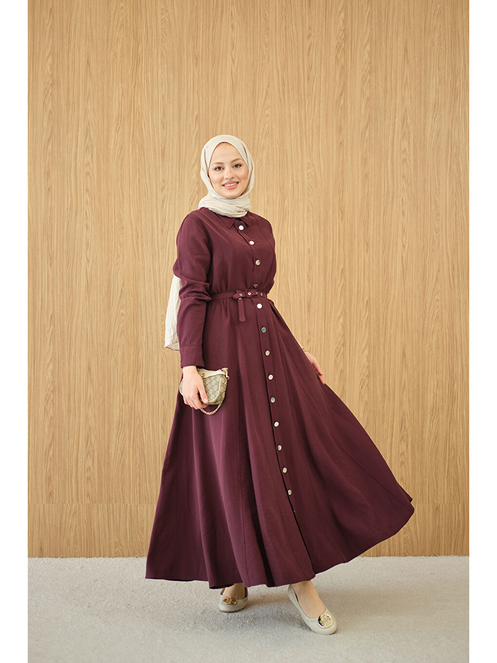 Kadın Boydan Düğmeli Kemerli Elbise Bordo-3