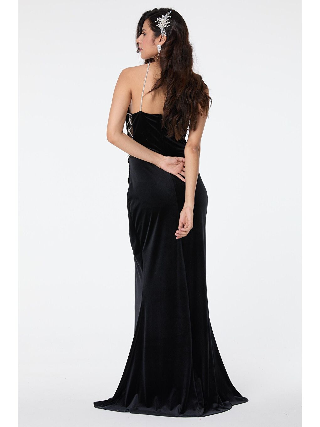 Düz Orta Kadın Siyah Abiye Elbise - 23559-5