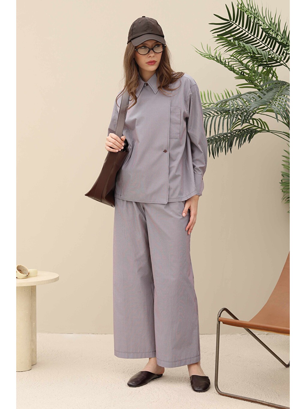 Kahverengi Çizgili Geniş Paça Pantolon Kahve-3