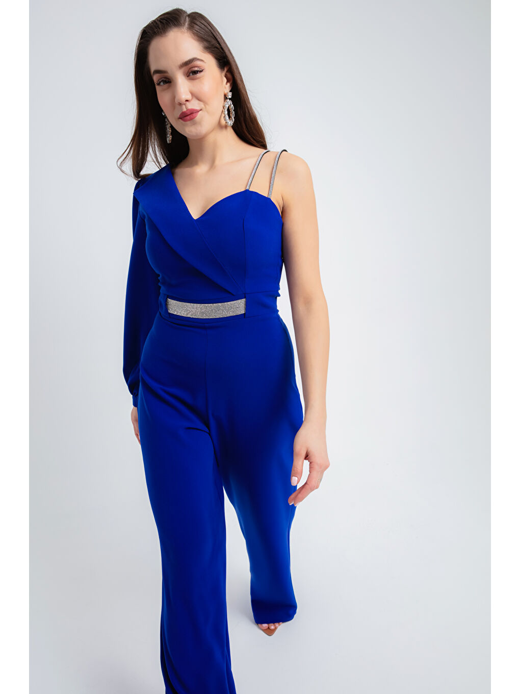 Mavi Kadın Saks Tek Omuz Taşlı Abiye Tulum-3