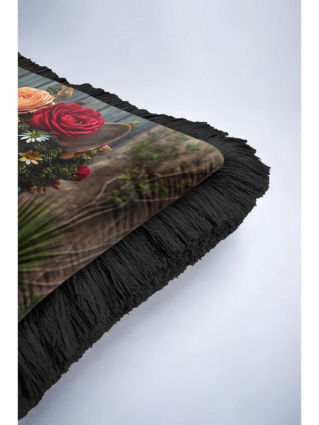 Karışık Bohem Çiçekli Saçaklı Yastık Kılıfı - Sanatsal Retro Çizgili Siyah Püsküllü Kırlent Kılıfı-6