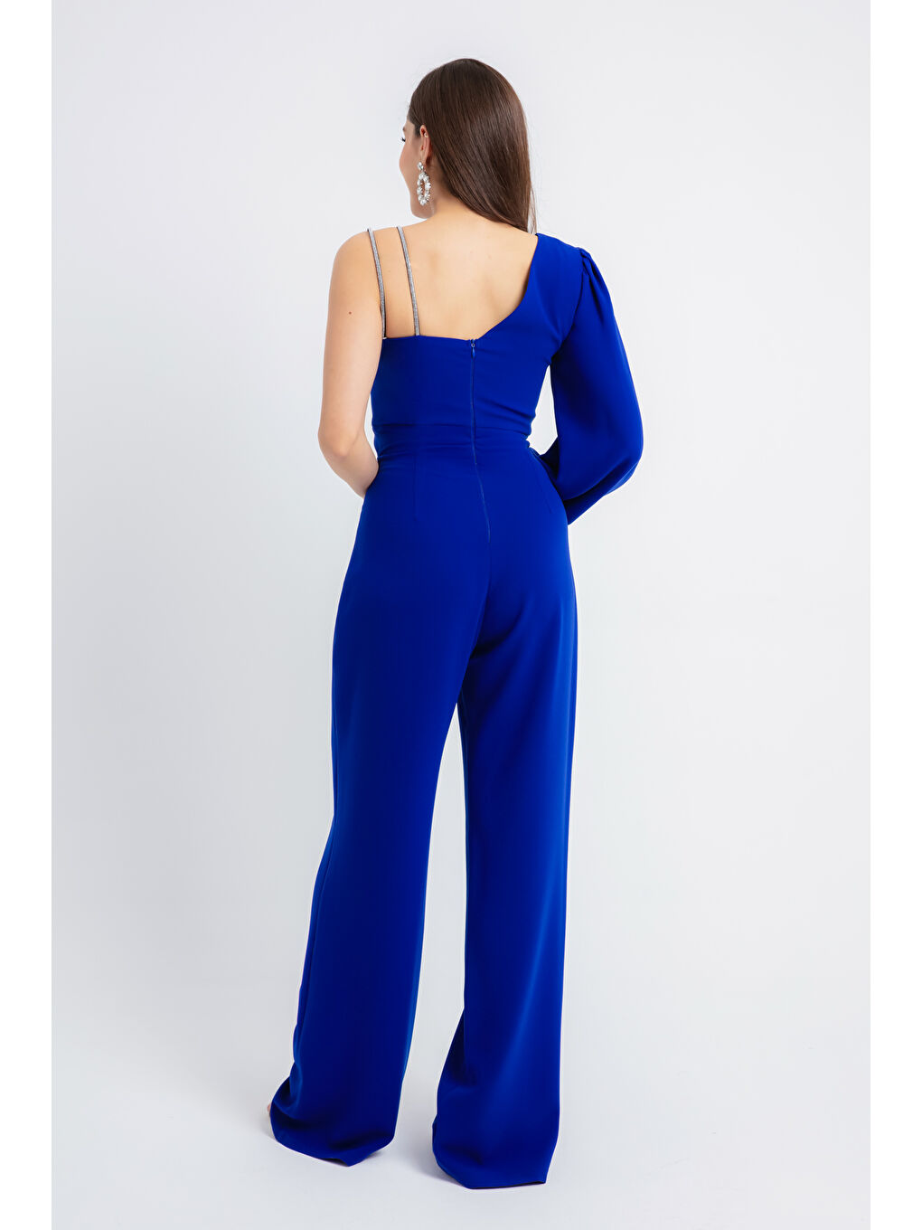 Mavi Kadın Saks Tek Omuz Taşlı Abiye Tulum-4