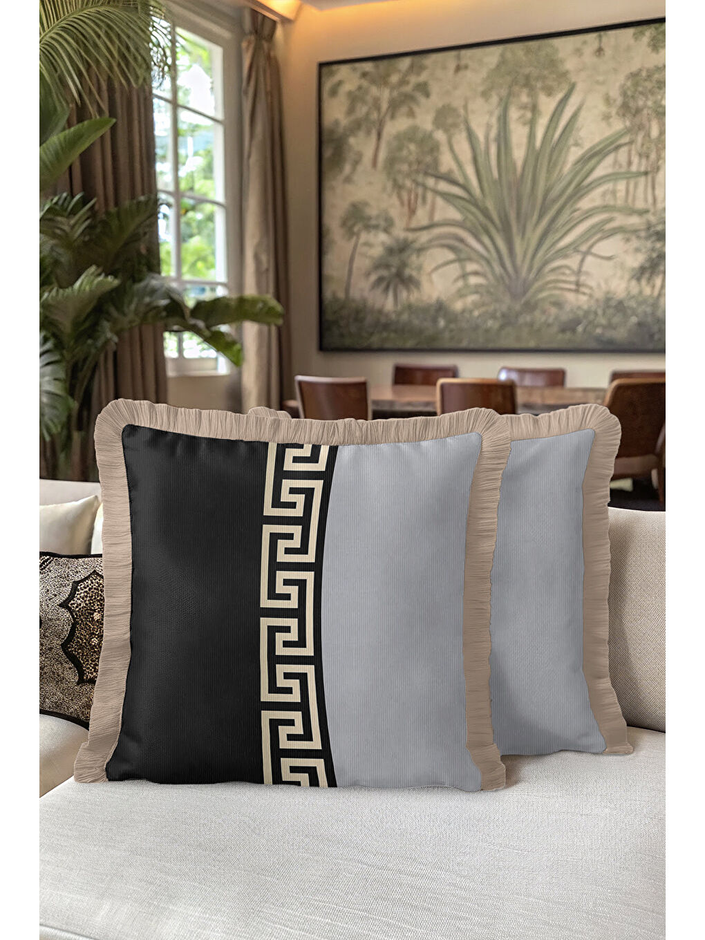Karışık Yunan Geometrik Motifli Saçaklı Yastık Kılıfı - Lüks Modern Gri Siyah Gold Püsküllü Kırlent Kılıfı-5