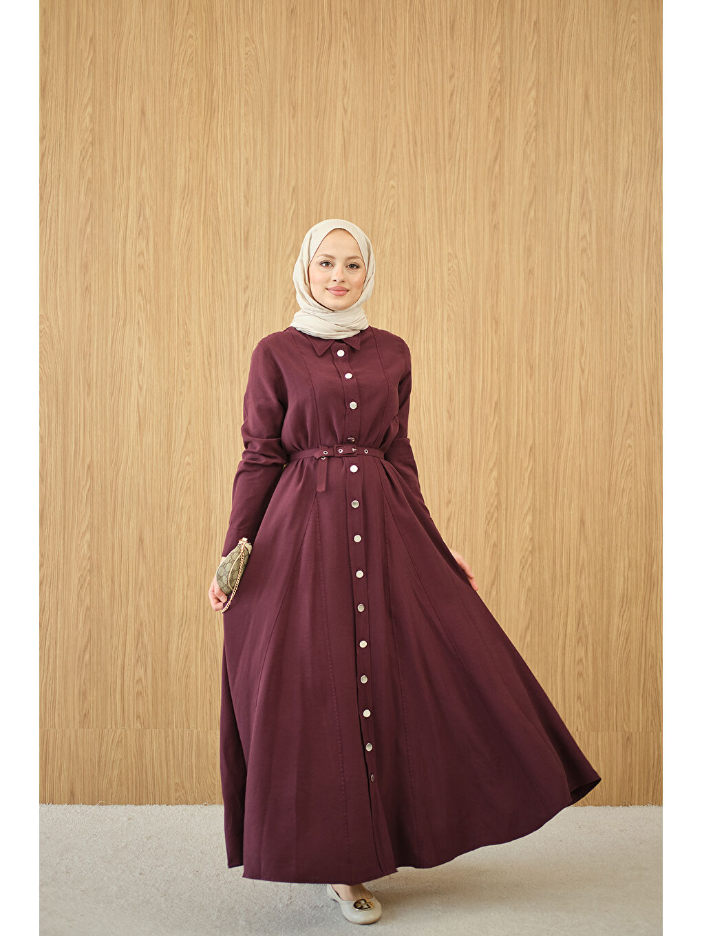 Kadın Boydan Düğmeli Kemerli Elbise Bordo-4