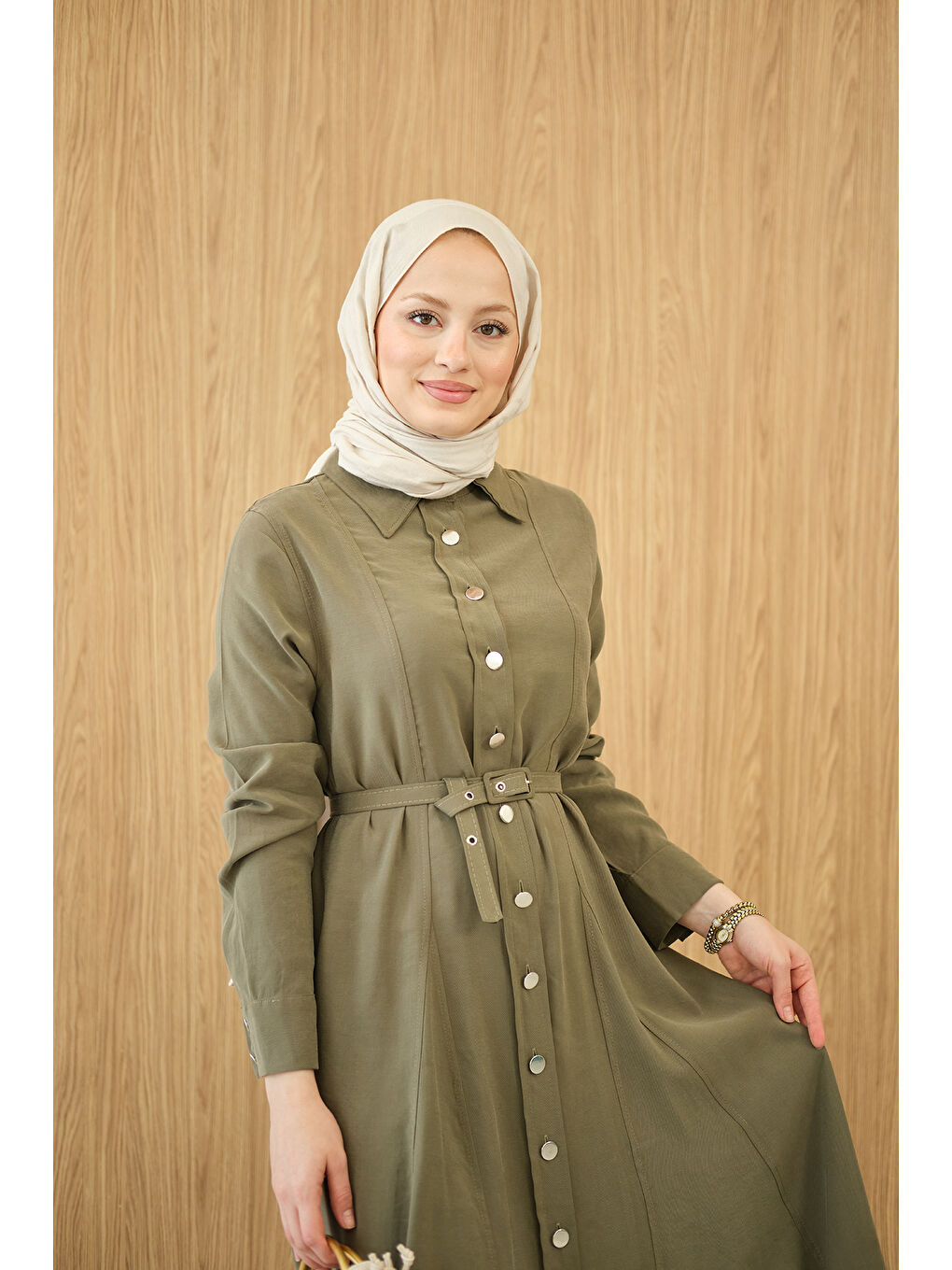 Kadın Boydan Düğmeli Kemerli Elbise Küf Yeşil-3