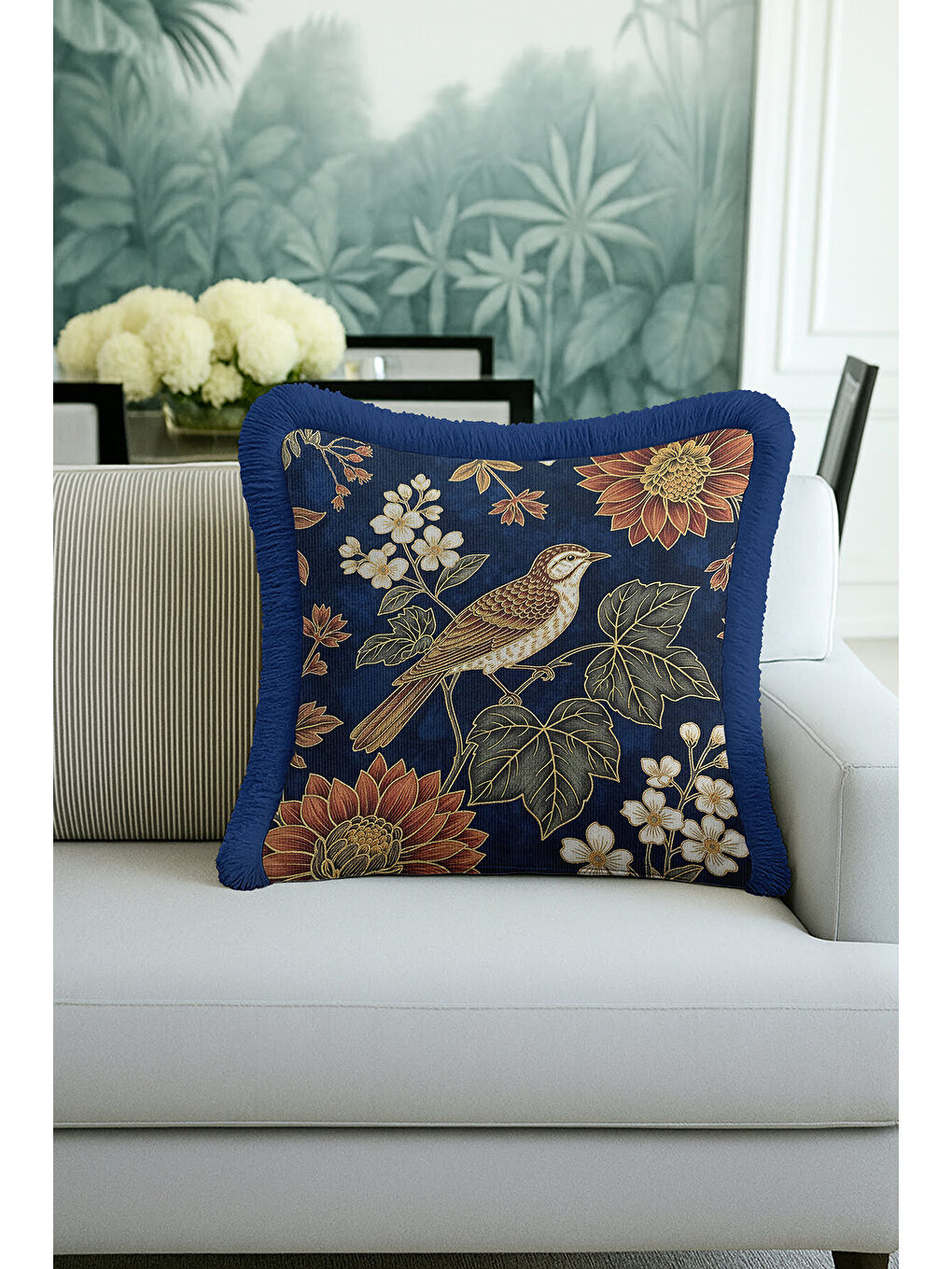 Karışık Lüks Kuş Çiçek Motifli Saçaklı Yastık Kılıfı - Vintage Rustik Lacivert Gold Püsküllü Kırlent Kılıfı-4