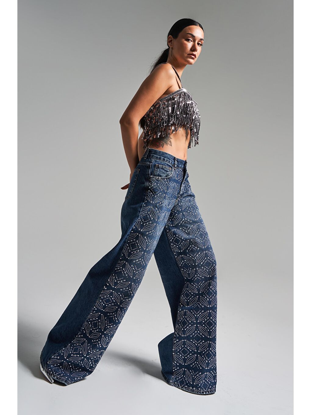 Kadın Koyu Mavi Renk T1-2W4-5 Palazzo Fit Etnik Parlak Taşlı Tasarım Denim Jean-2