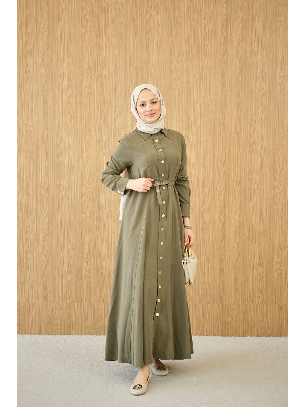 Kadın Boydan Düğmeli Kemerli Elbise Küf Yeşil-4