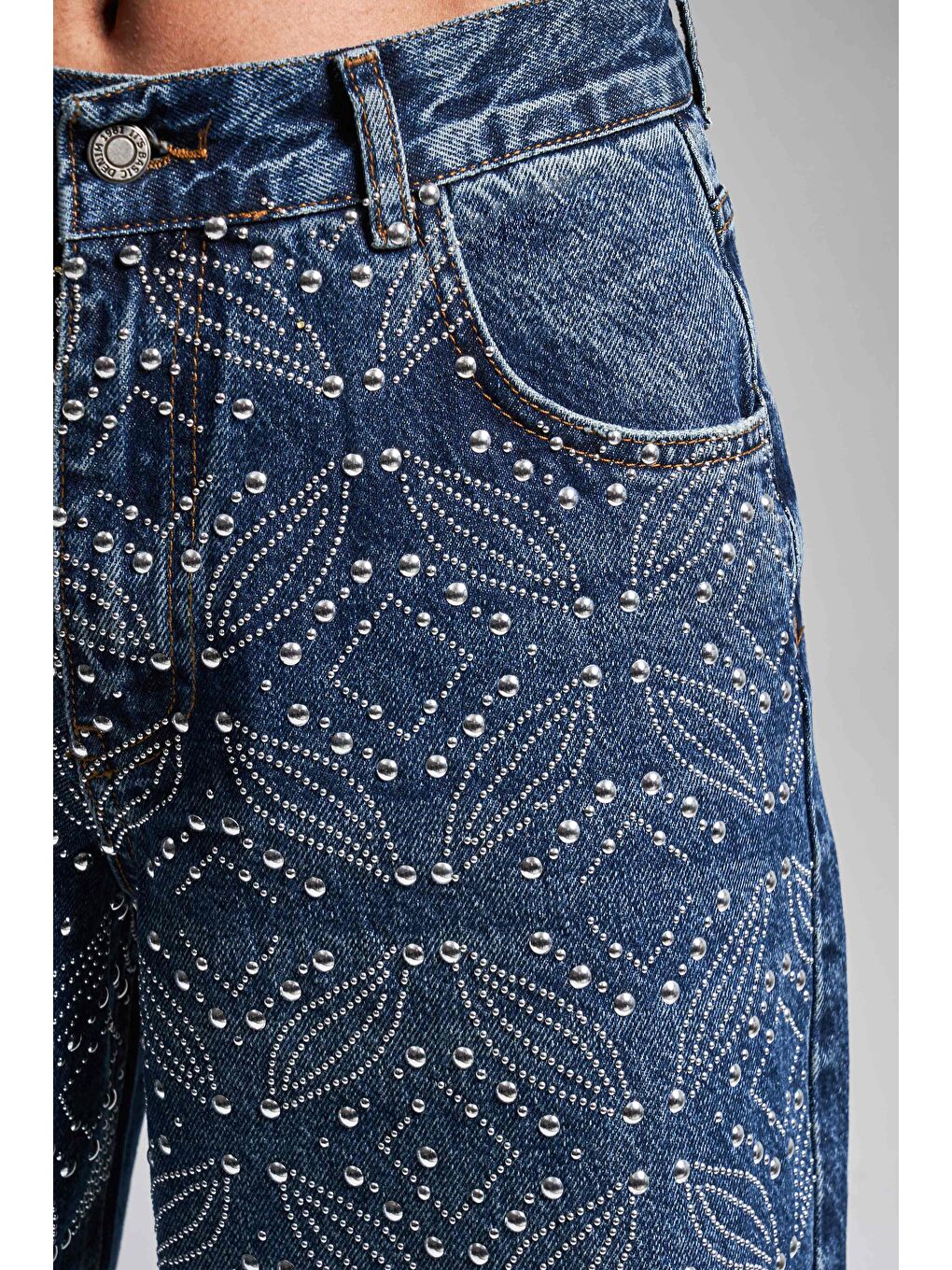 Kadın Koyu Mavi Renk T1-2W4-5 Palazzo Fit Etnik Parlak Taşlı Tasarım Denim Jean-3