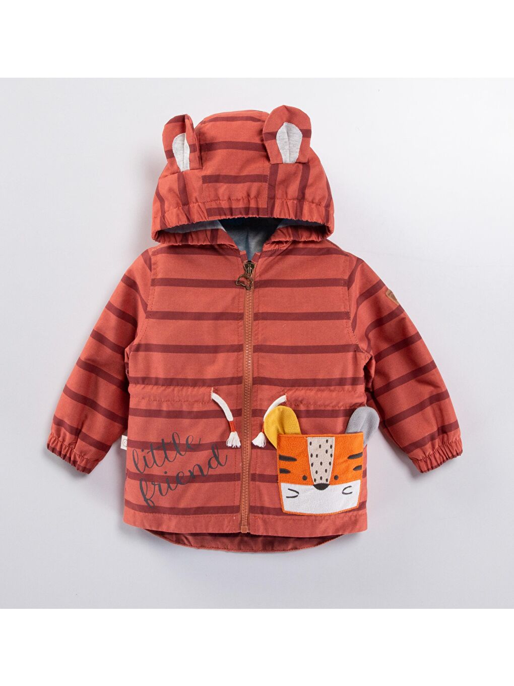 Karışık Unisex Çocuk Kaplan Desenli Kapüşonlu Kulak Detaylı Çizgili Yağmurluk