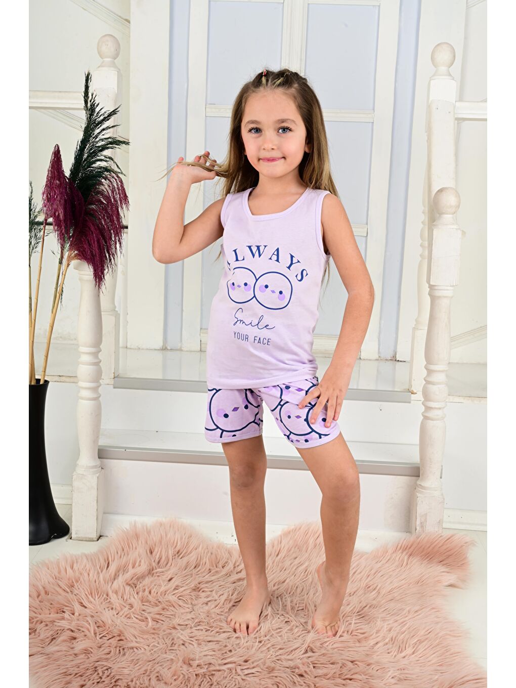 Pembe Kız Çocuk Askılı Pijama Takımı Always Smile Somon-11