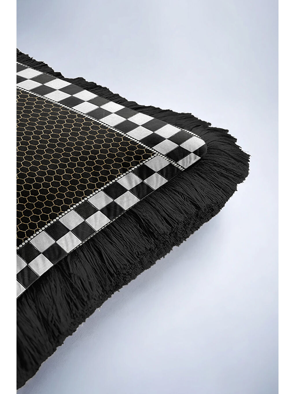 Karışık Lüks Arı Nakışlı Saçaklı Yastık Kılıfı - Kraliyet Taç Motifli Siyah Gold Püsküllü Kırlent Kılıfı-6